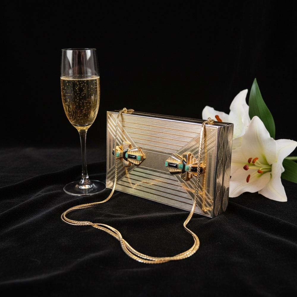 Judith Leiber Gold toned with gem stone evening Clutch with Chain